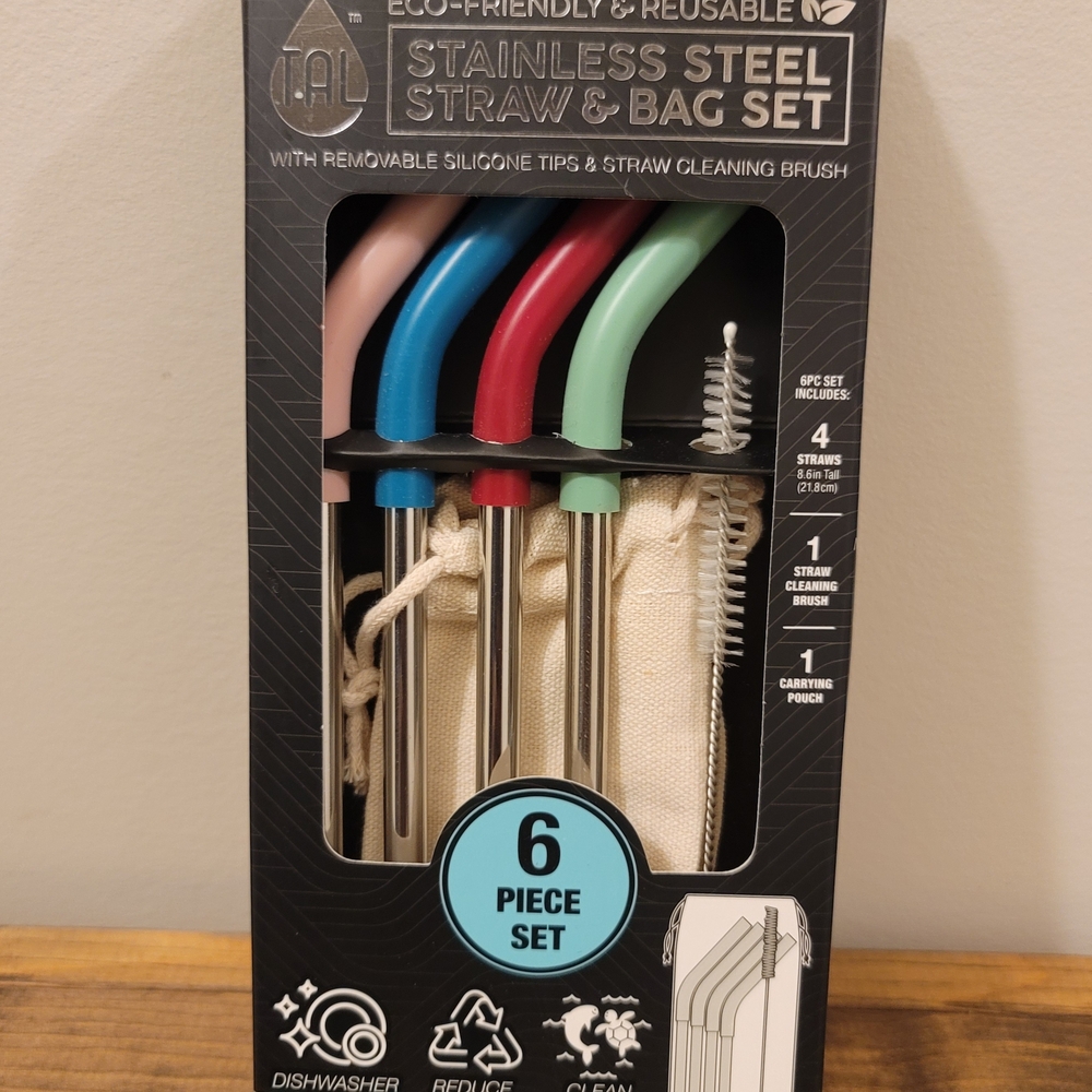 TAL Stainless Steel Straws,Cleaning Brush, and Bag Set with Silicone Tips -6 Pcs